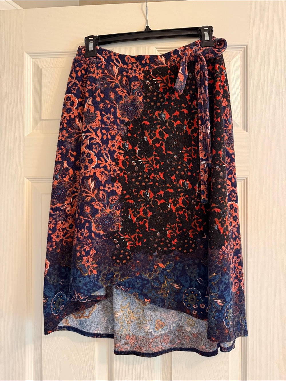 Maeve Floral High-Low Wrap Skirt in Navy and Coral